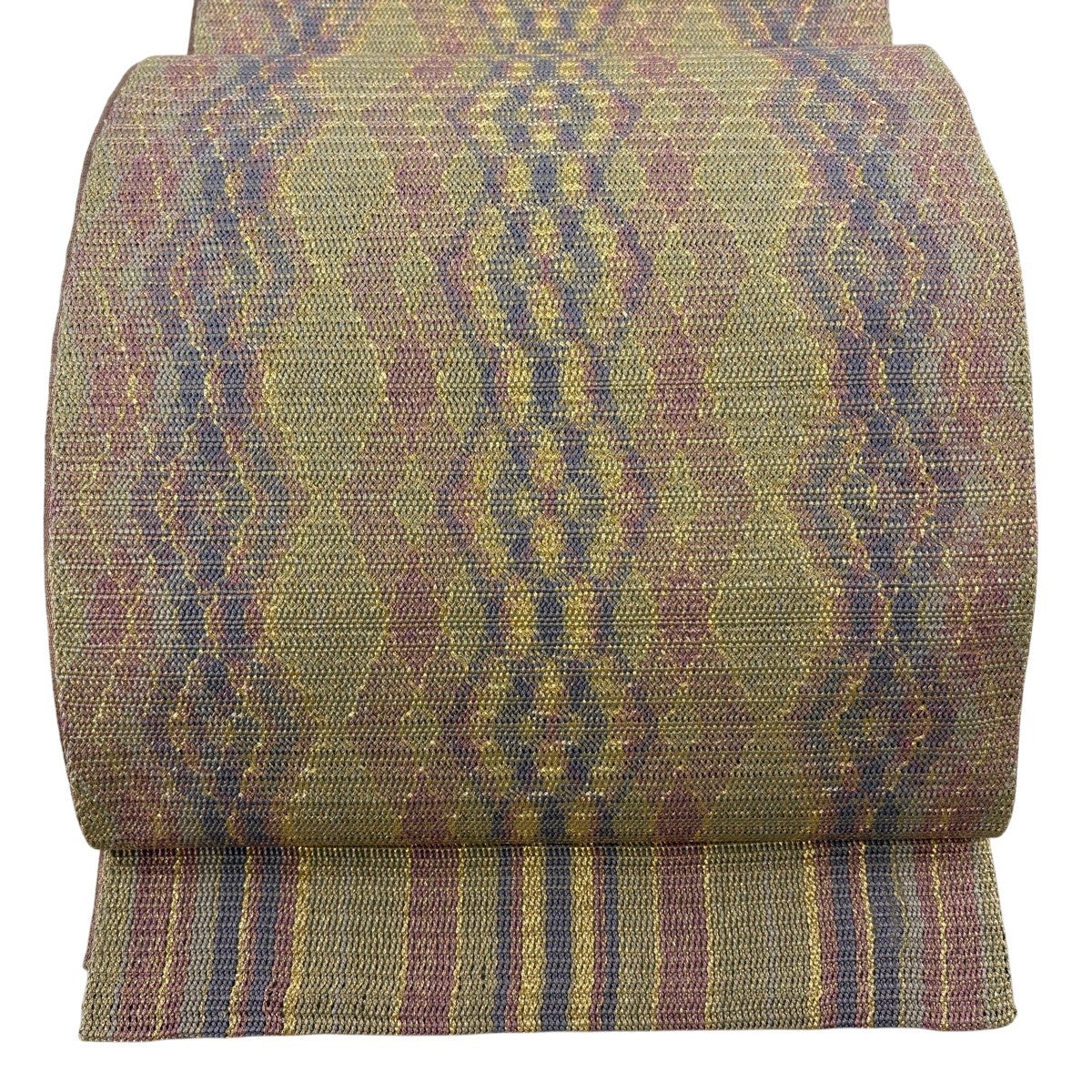 美品】 袋帯 秀品 縞 幾何学模様 金糸 薄緑 お太鼓柄 正絹｜中古・古着