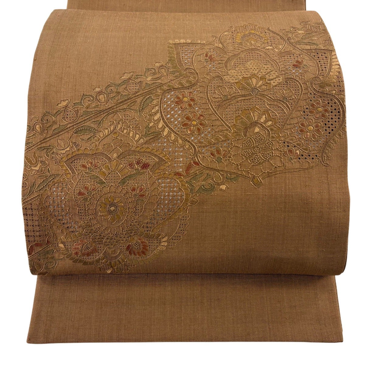 美品】 袋帯 秀品 紬地 華文 刺繍 山吹茶色 お太鼓柄 正絹｜中古・古着