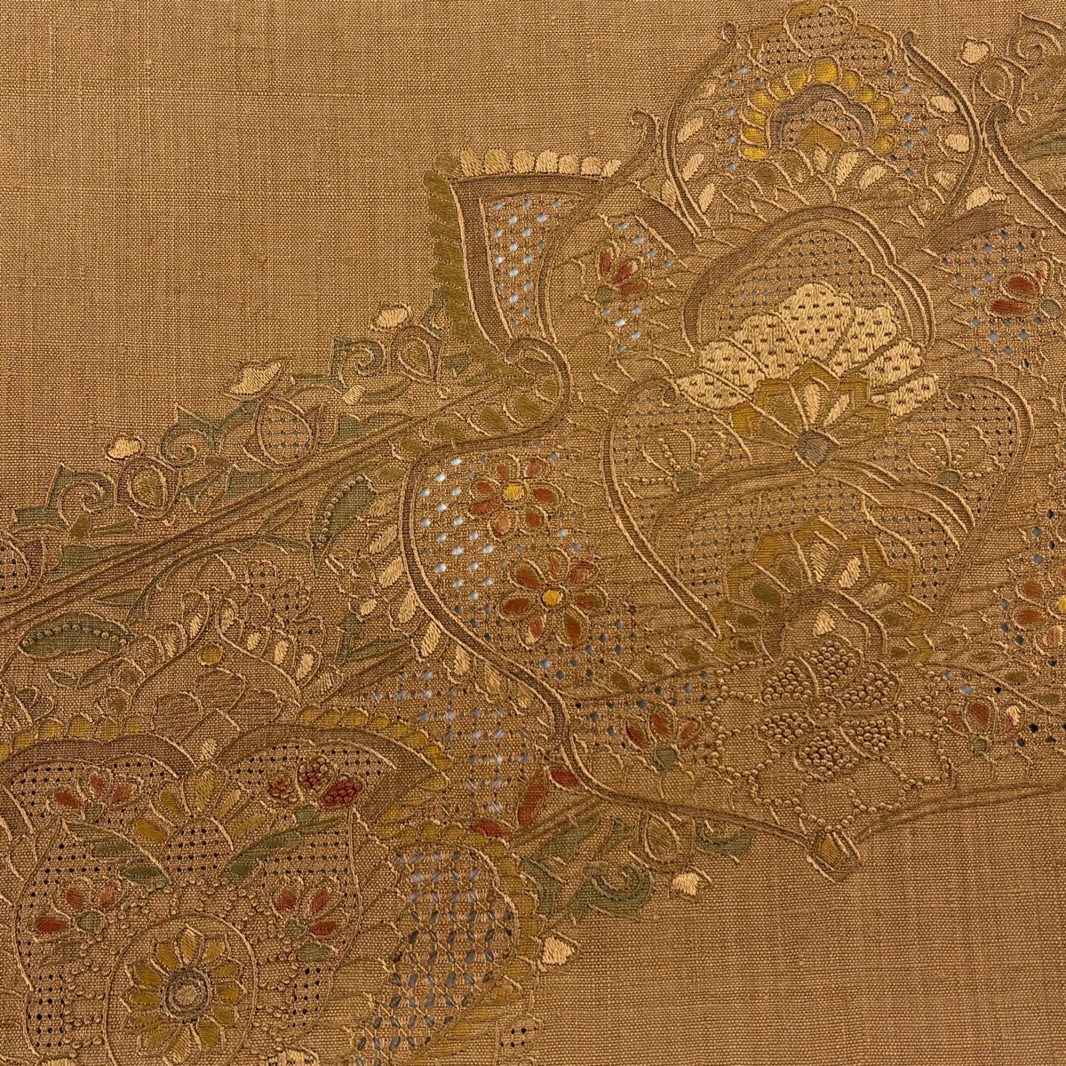 美品】 袋帯 秀品 紬地 華文 刺繍 山吹茶色 お太鼓柄 正絹｜中古・古着