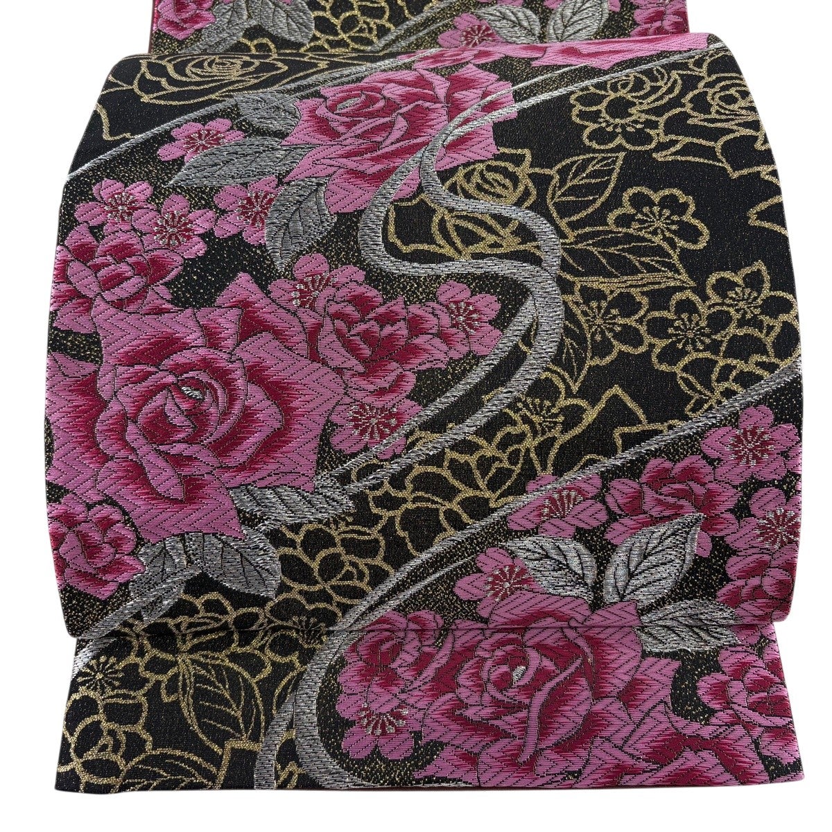 美品】 袋帯 秀品 薔薇 流水 唐織 金銀糸 黒 六通 正絹｜中古・古着