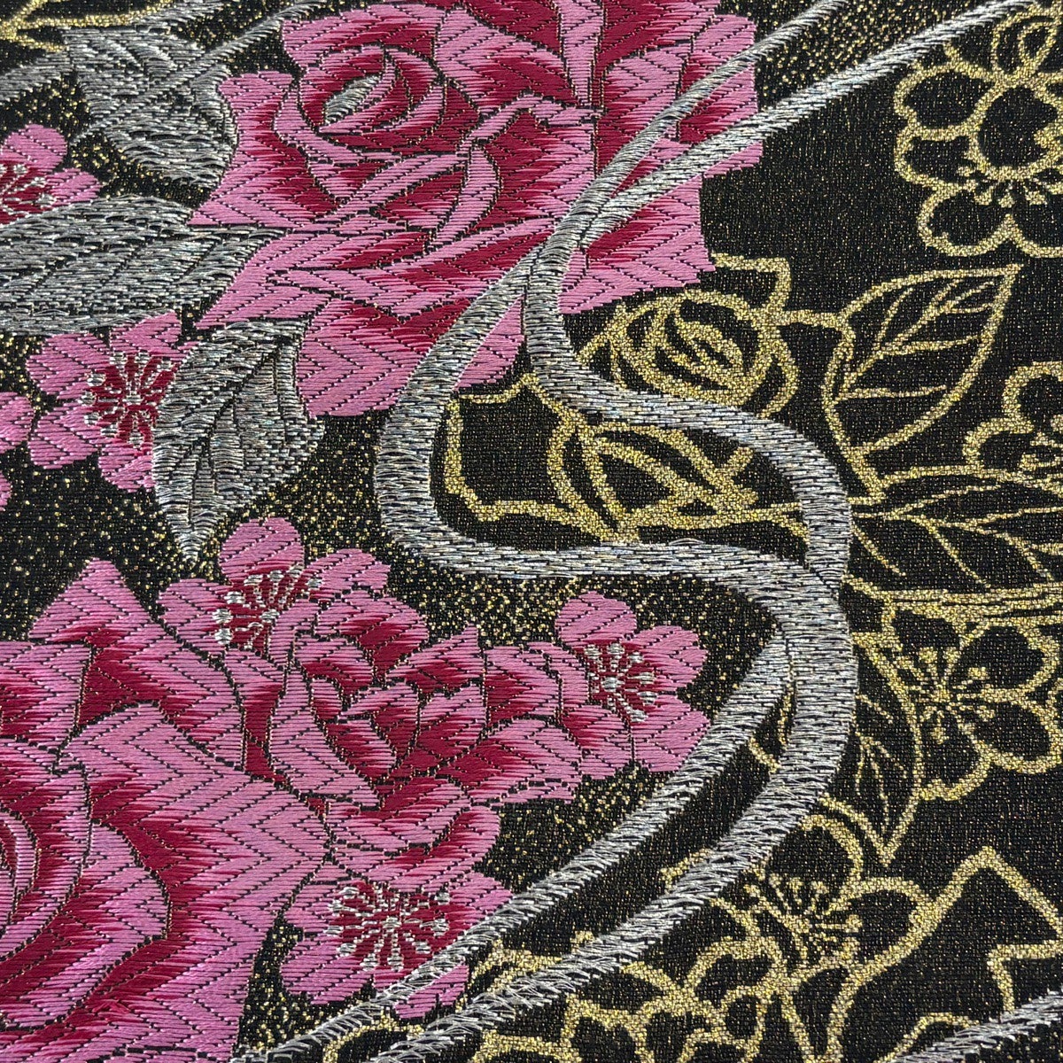 美品】 袋帯 秀品 薔薇 流水 唐織 金銀糸 黒 六通 正絹｜中古・古着