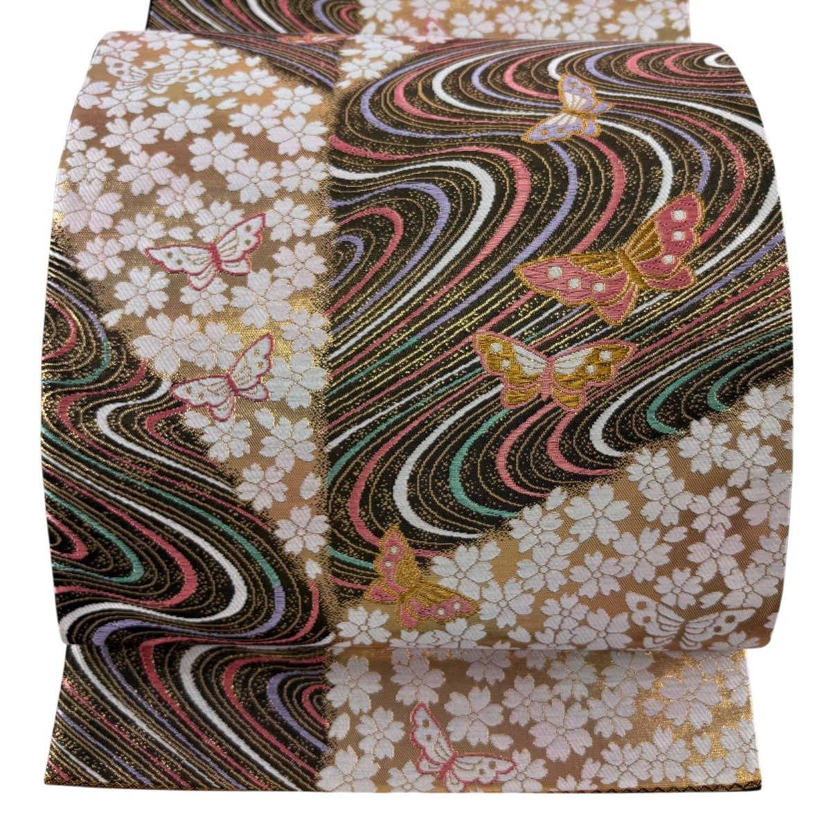美品】 袋帯 秀品 蝶 桜 箔 金糸 焦茶色 六通 正絹｜中古・古着
