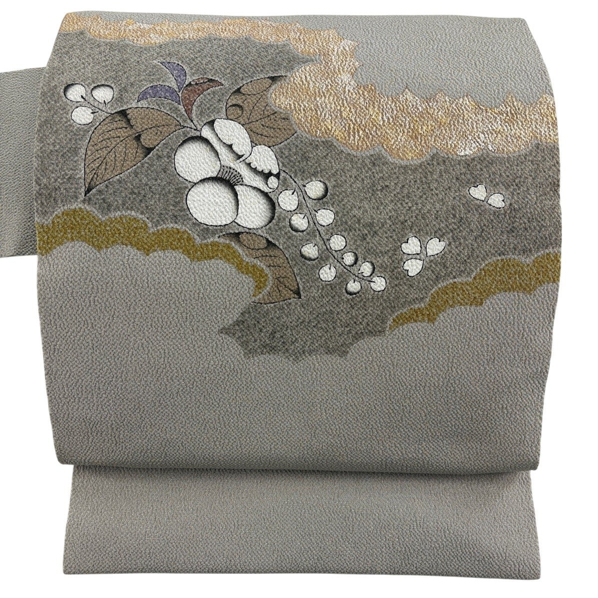 名古屋帯 秀品 落款あり 草花 逆さ雲取り 銀彩 灰色 正絹｜中古・古着