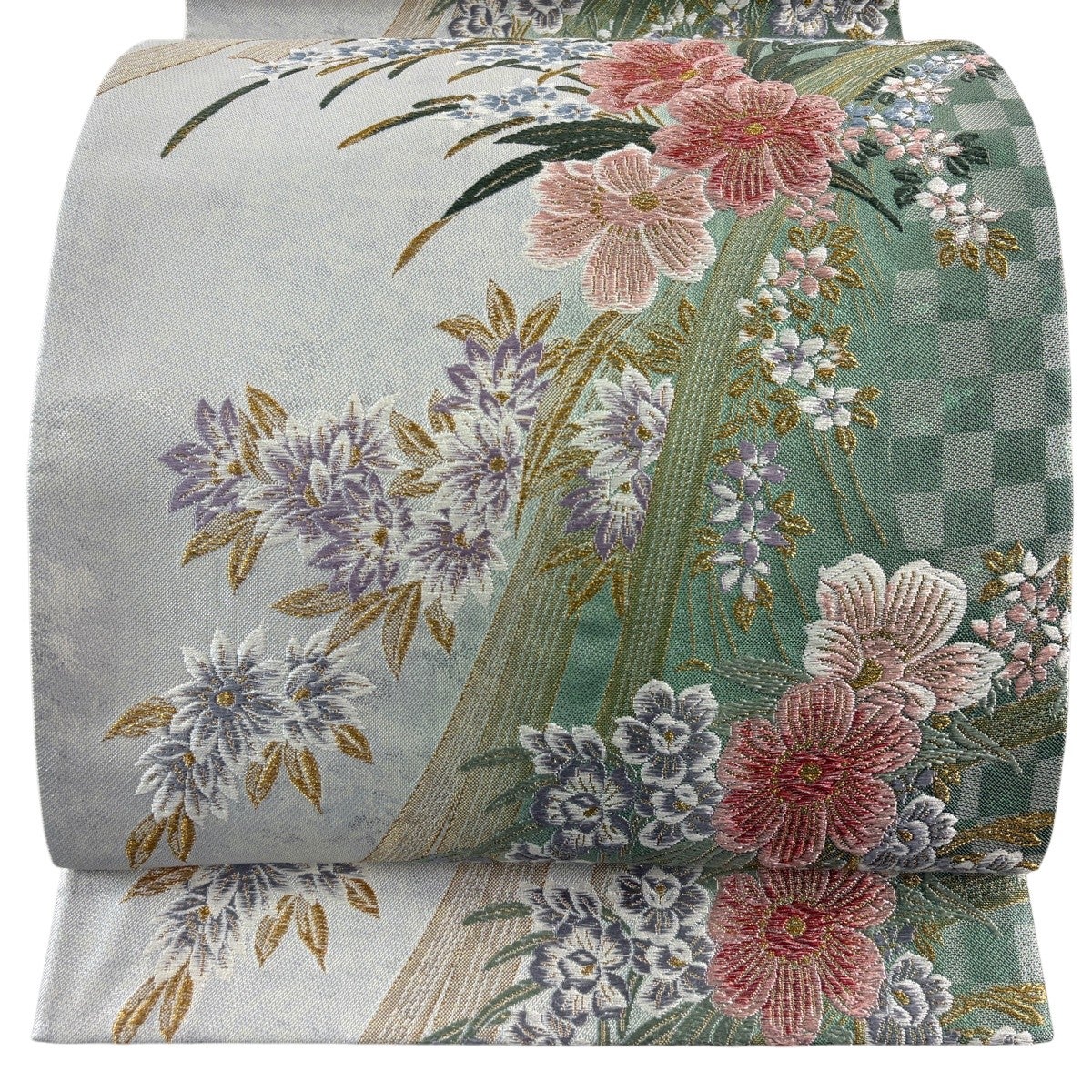 袋帯 秀品 草花 幾何学模様 金銀糸 箔 ベージュ 六通 正絹｜中古・古着