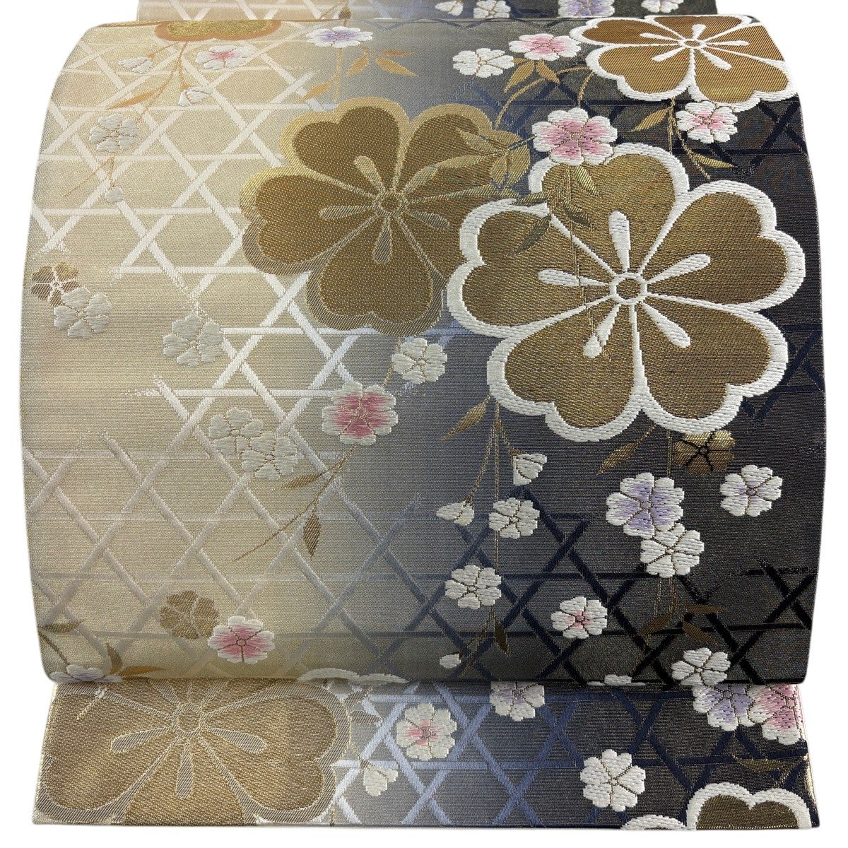 袋帯 秀品 桜 籠目 金糸 箔 クリーム 六通 正絹｜中古・古着