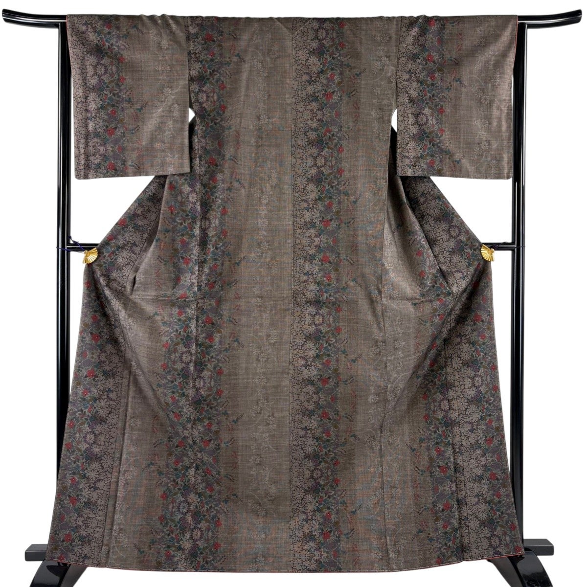 美品】 紬 身丈167cm 裄丈64cm M 袷 葉柄 灰色 正絹 優品｜中古・古着