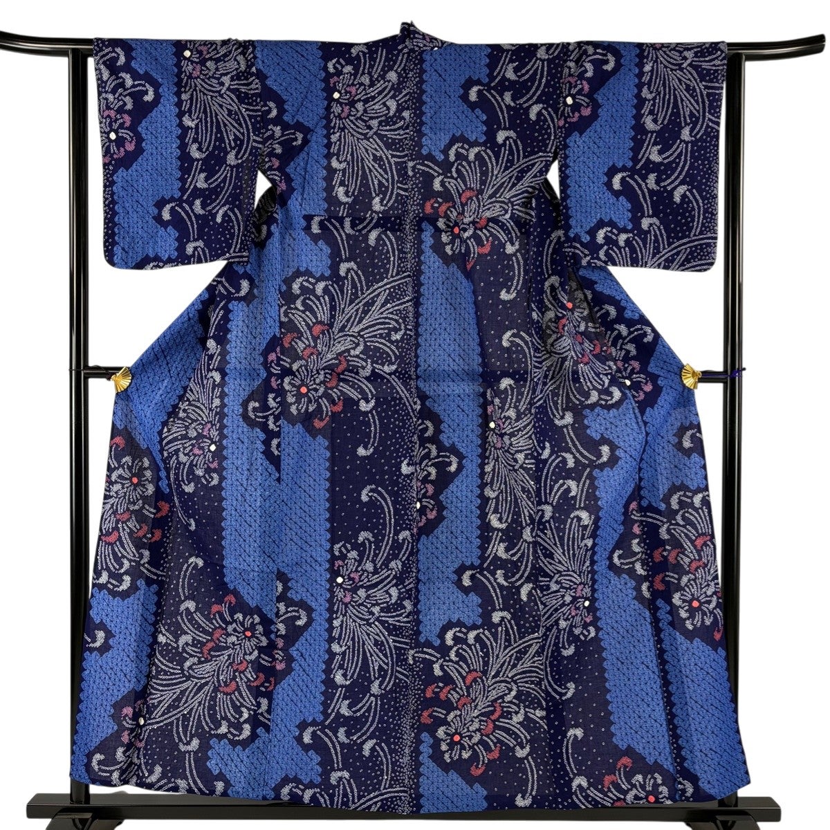 浴衣 身丈150.5cm 裄丈60.5cm S 絞り浴衣 草花 紺色 綿 名品