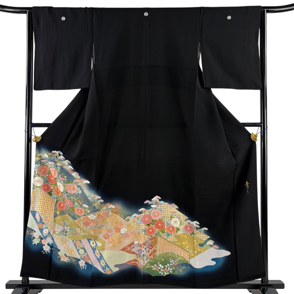 未使用着物　1つ紋 作家物　落款あり　 松尾光琳 黒留袖 身丈161.5cm 裄丈66cm M 袷 松尾光琳 源氏物語屏風 落款あり