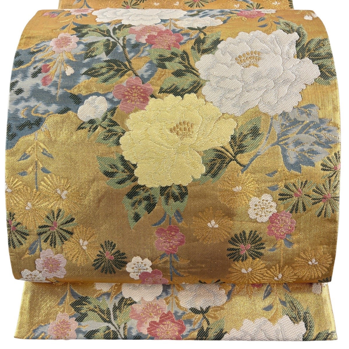 袋帯 秀品 牡丹 枝垂れ桜 金糸 箔 金色 六通 正絹｜中古・古着