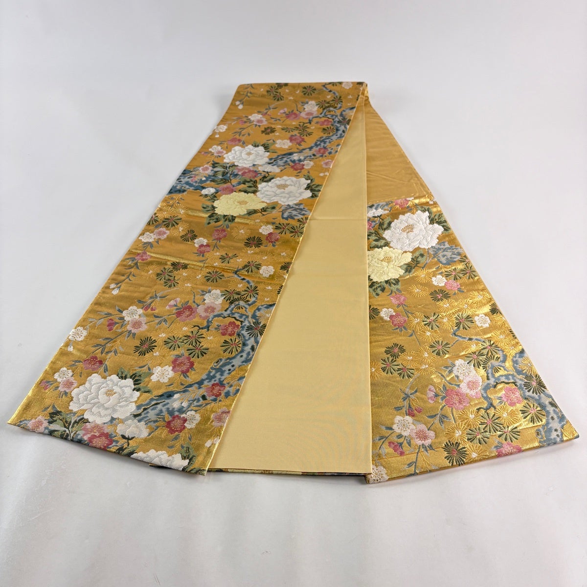 袋帯 秀品 牡丹 枝垂れ桜 金糸 箔 金色 六通 正絹｜中古・古着