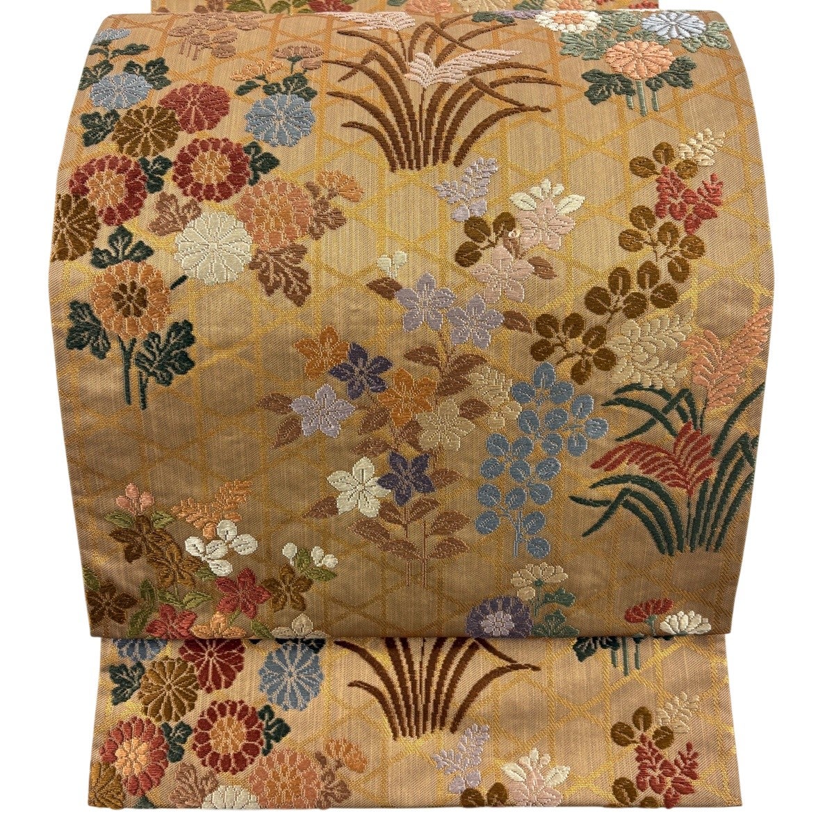 袋帯 秀品 鈴乃屋 菊 秋草 箔 金通し 薄茶色 六通 正絹｜中古・古着
