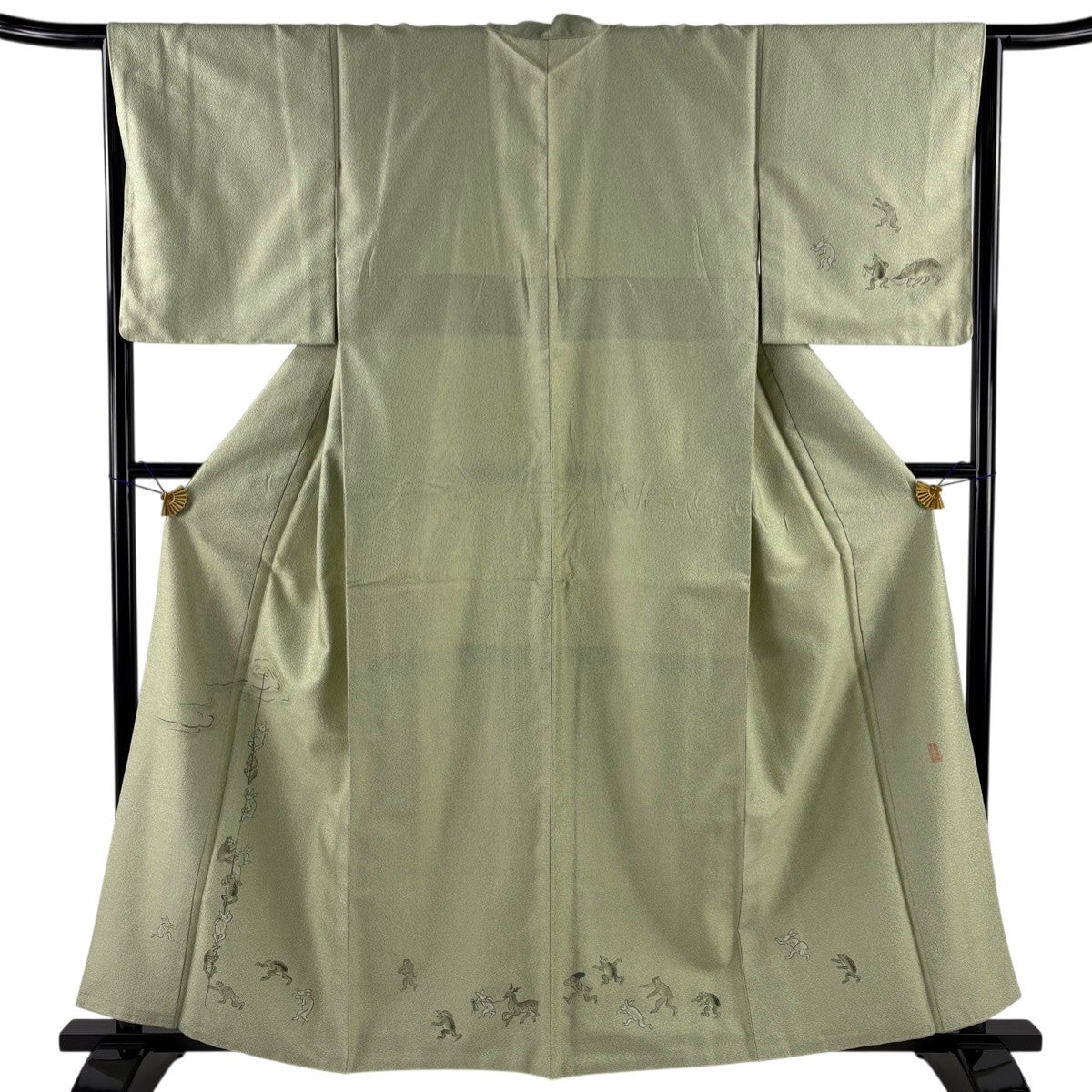 40%OFF 名古屋帯 逸品 落款あり 鳥獣戯画 縮緬 薄緑 正絹 K30｜中古