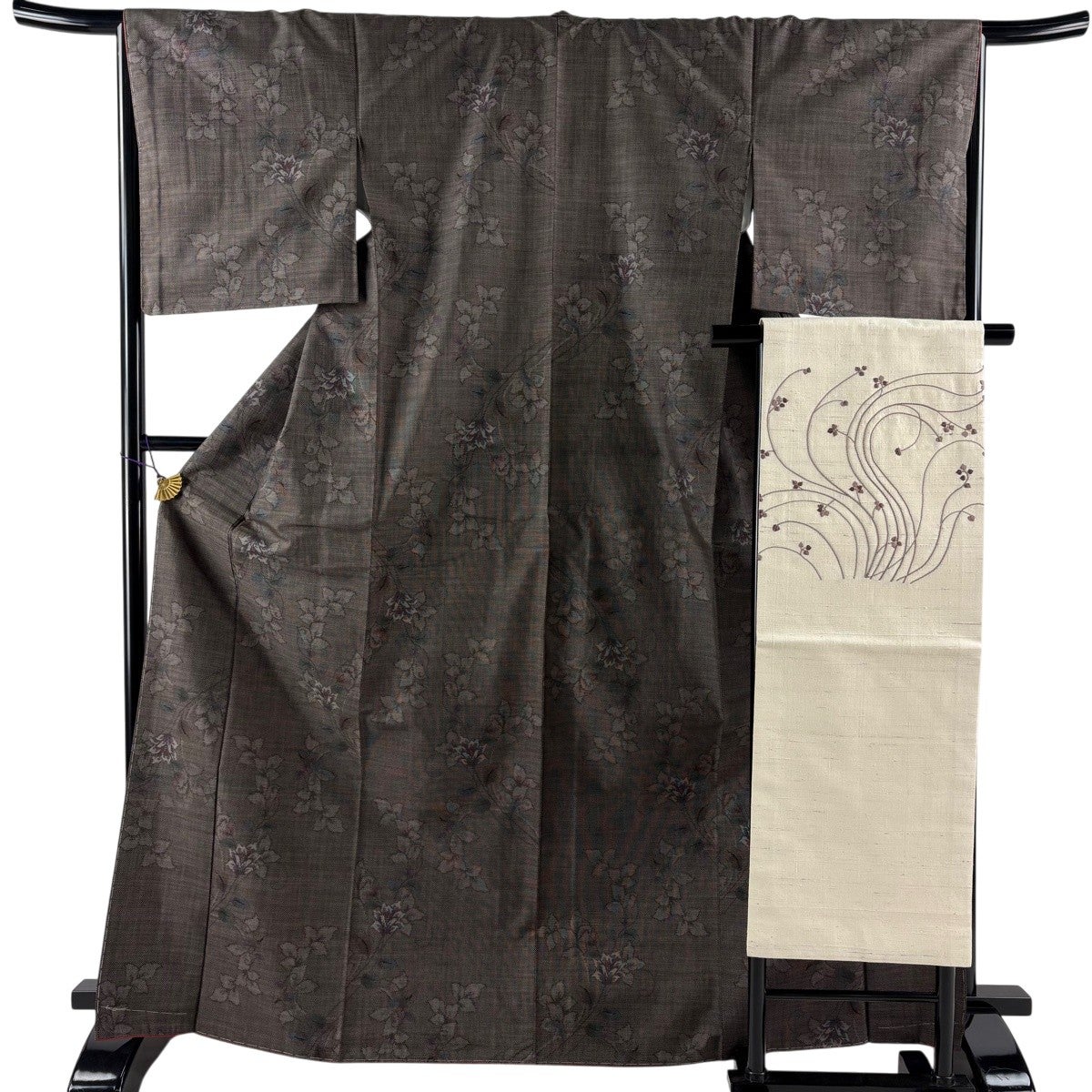 美品】 紬 身丈168cm 裄丈67cm M 袷 名古屋帯セット 草花 焦茶色 正絹