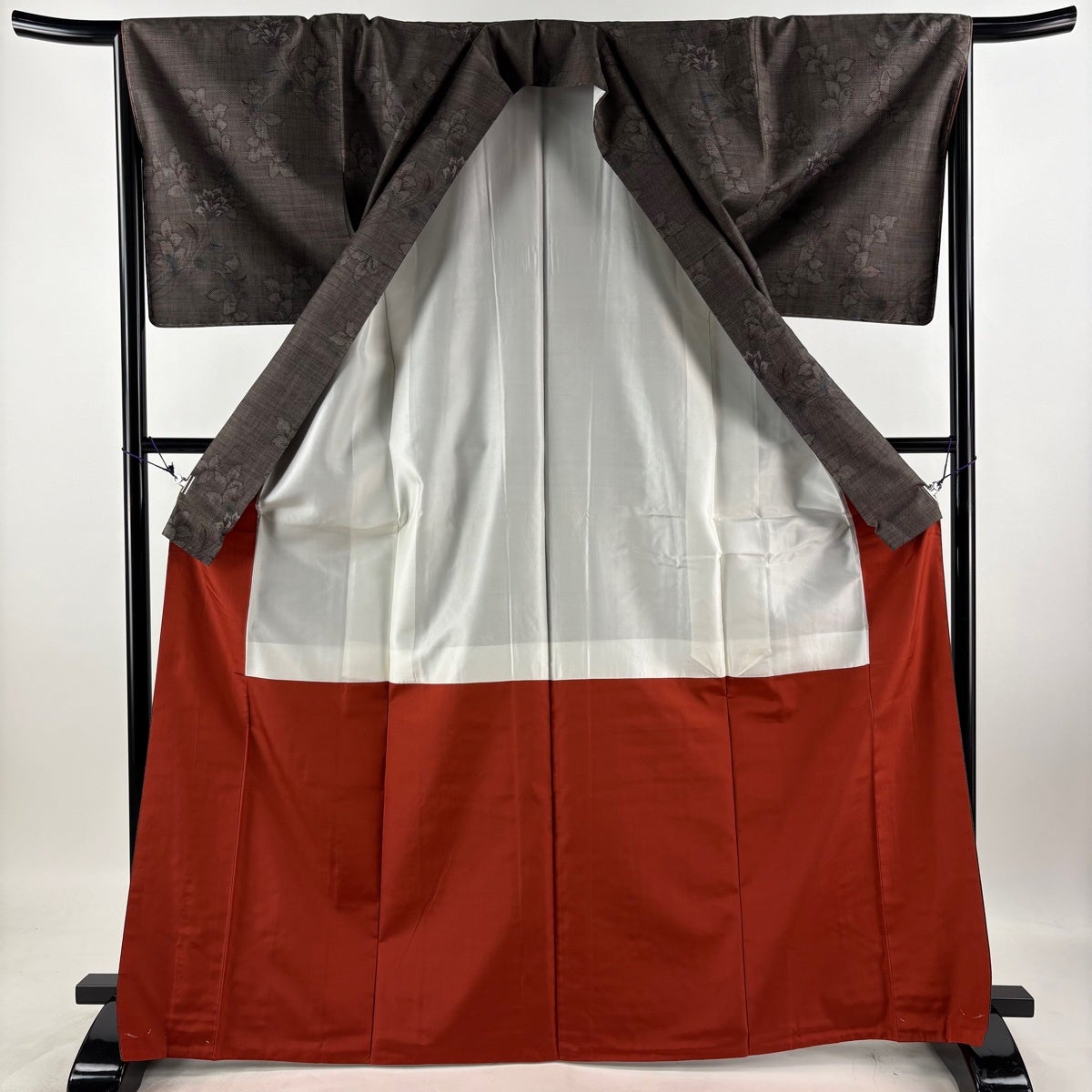 美品】 紬 身丈168cm 裄丈67cm M 袷 名古屋帯セット 草花 焦茶色 正絹