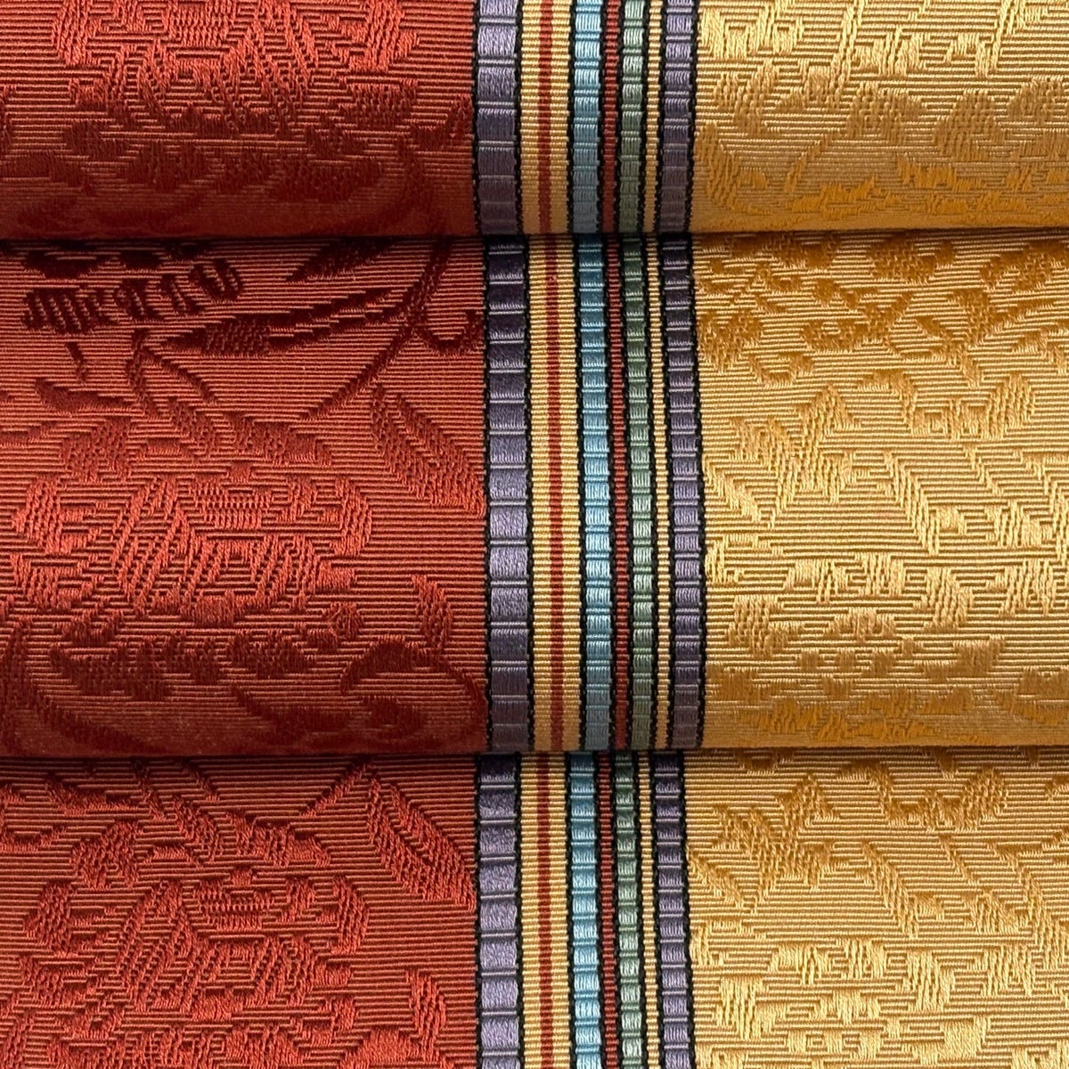 美品】半幅帯 名品 博多織 証紙 ポケット付 花唐草 縞 赤茶 正絹｜中古