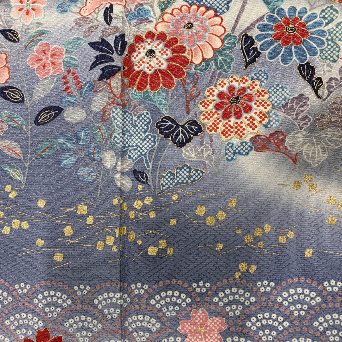 訪問着 身丈165.5cm 裄丈65.5cm M 袷 草花 青海波 金彩 染め分け 青