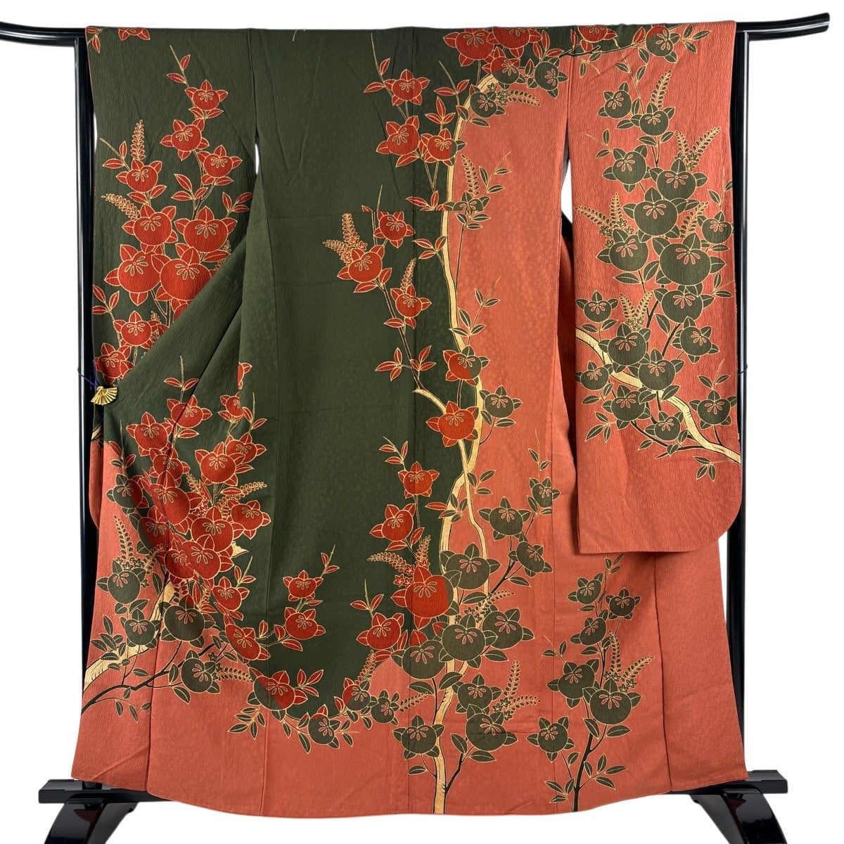 振袖 身丈162cm 裄丈64cm M 袷 橘 金彩 染め分け 茶緑色 正絹 秀品