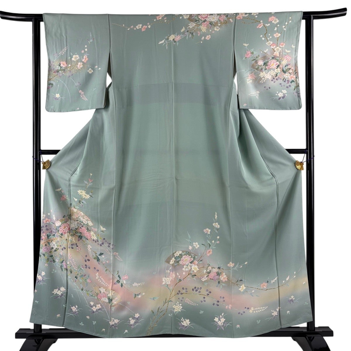 訪問着 身丈158.5cm 裄丈61cm S 袷 扇面 草花 金彩 ぼかし 薄緑 正絹