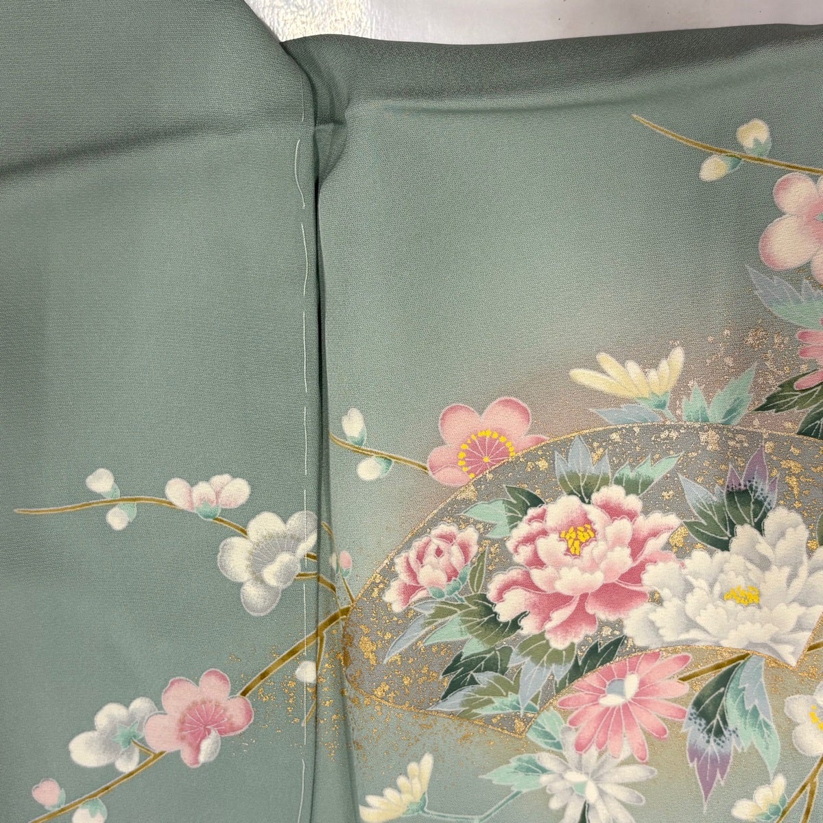訪問着 身丈158.5cm 裄丈61cm S 袷 扇面 草花 金彩 ぼかし 薄緑 正絹