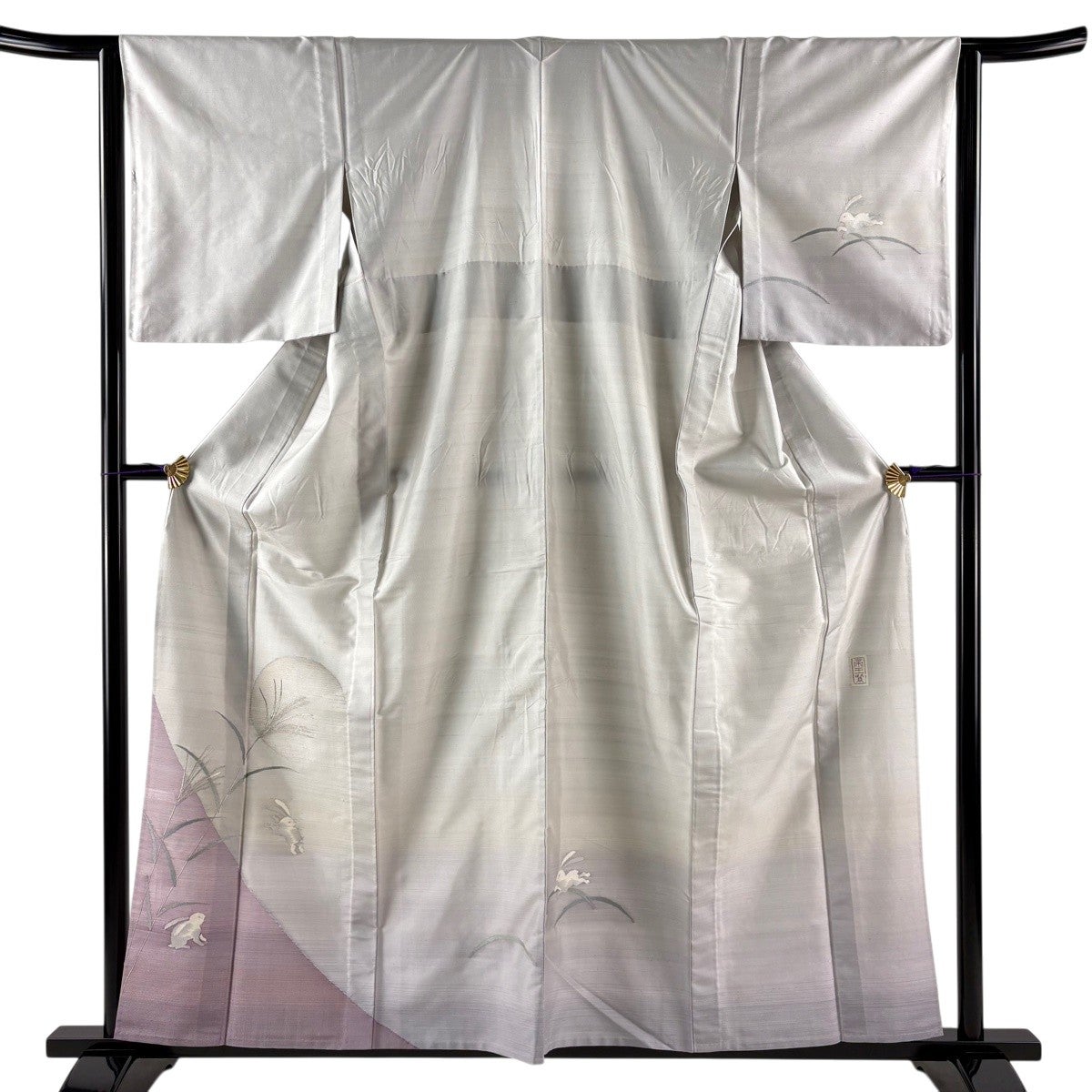 美品】 付下げ 身丈158cm 裄丈64cm M 単衣 帝王紫 兎 ススキ 銀糸 灰色