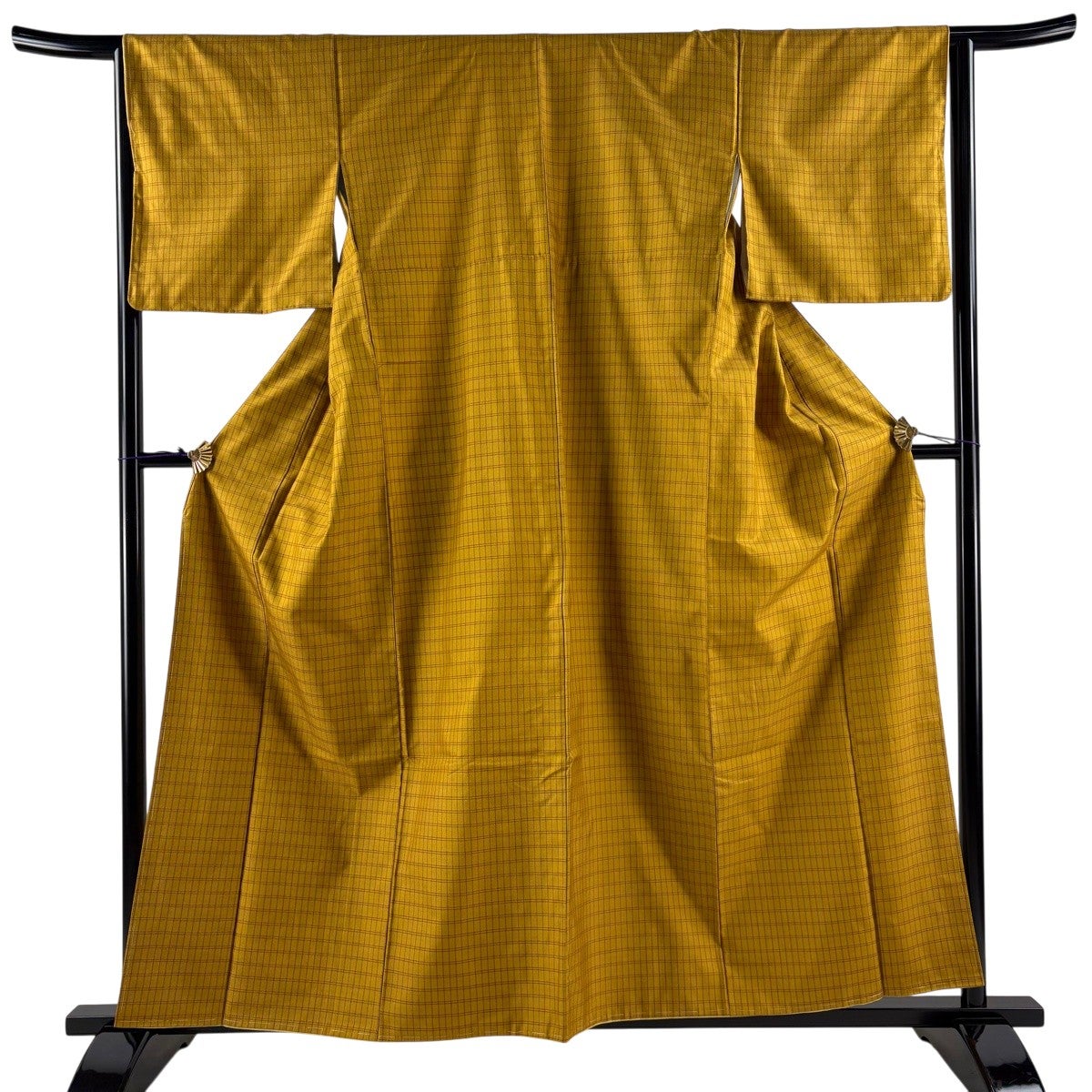 美品】 紬 身丈159.5cm 裄丈64cm M 袷 格子 山吹色 正絹 逸品｜中古