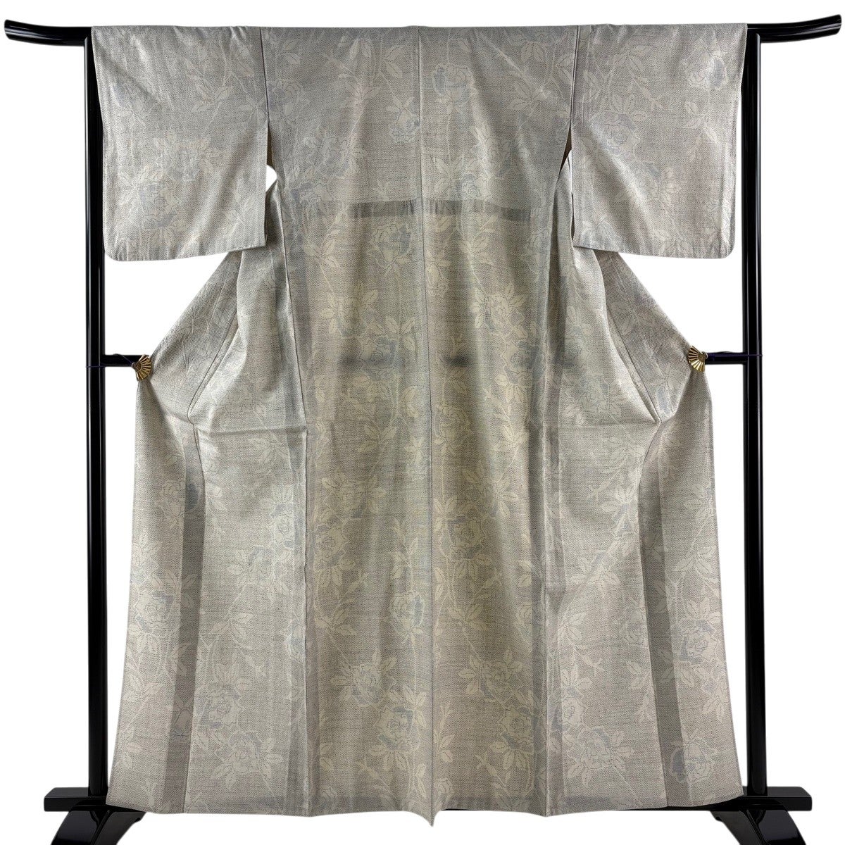 紬 身丈165cm 裄丈64cm M 単衣 扇 草花 薄茶色 正絹 秀品｜中古・古着
