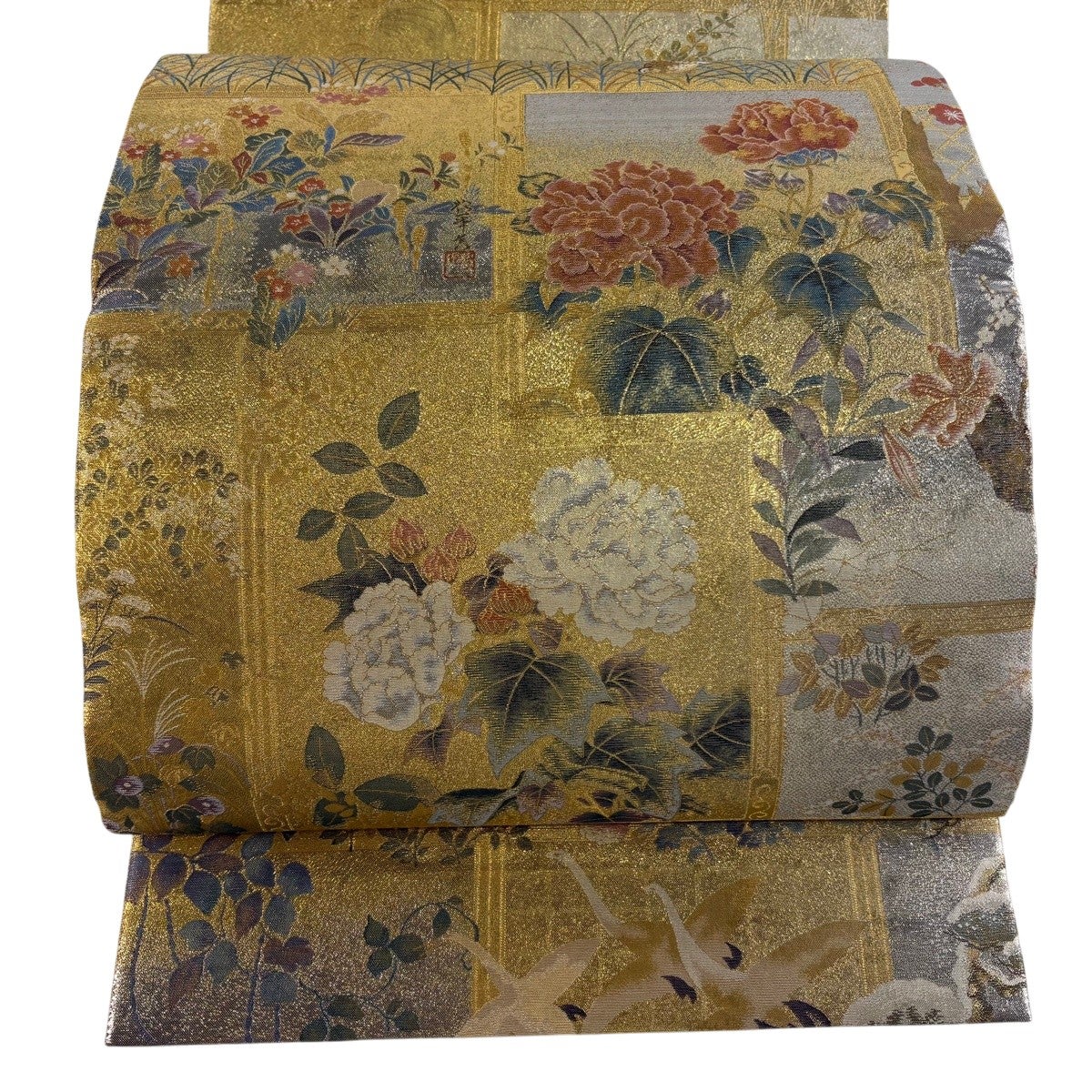 袋帯 秀品 草花 鳥 箔 金色 お太鼓柄 正絹｜中古・古着・リサイクル