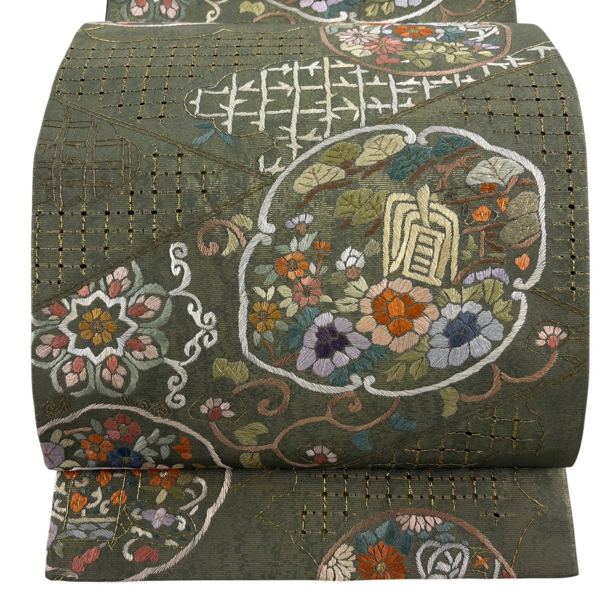 袋帯 逸品 蜀江華文 草花 金糸 汕頭刺繍 茶紫 全通 正絹｜中古・古着