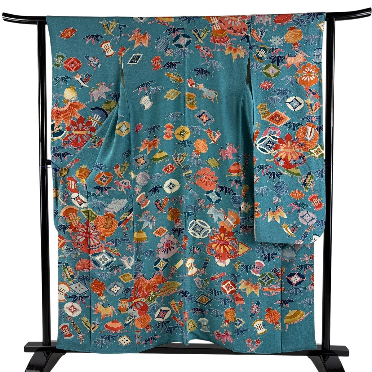 振袖 身丈155cm 裄丈63cm S 袷 宝尽くし 笹 縮緬 水色 正絹 名品｜中古