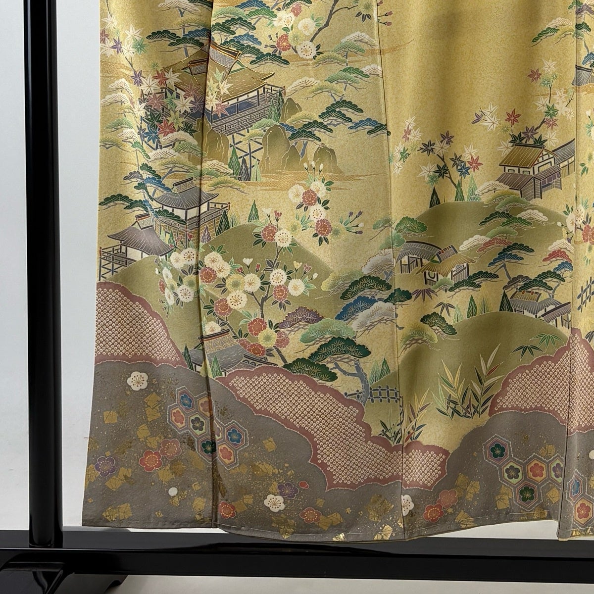 訪問着 身丈154.5cm 裄丈64cm M 袷 松竹梅 建物 金糸 金彩 薄黄 正絹