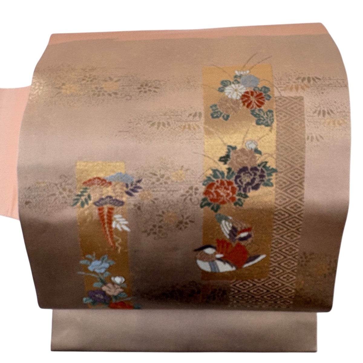 名古屋帯 優品 鴛鴦 草花 箔 ピンクベージュ 正絹｜中古・古着