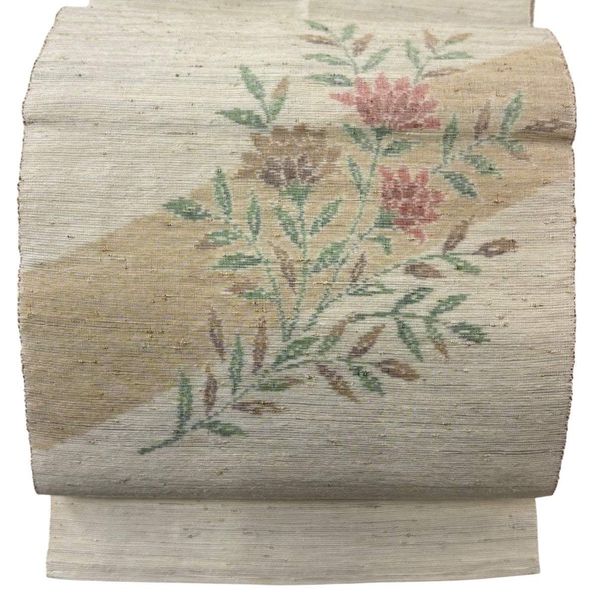名古屋帯 優品 紬地 八寸名古屋帯 松葉仕立て 草花 灰茶 正絹｜中古