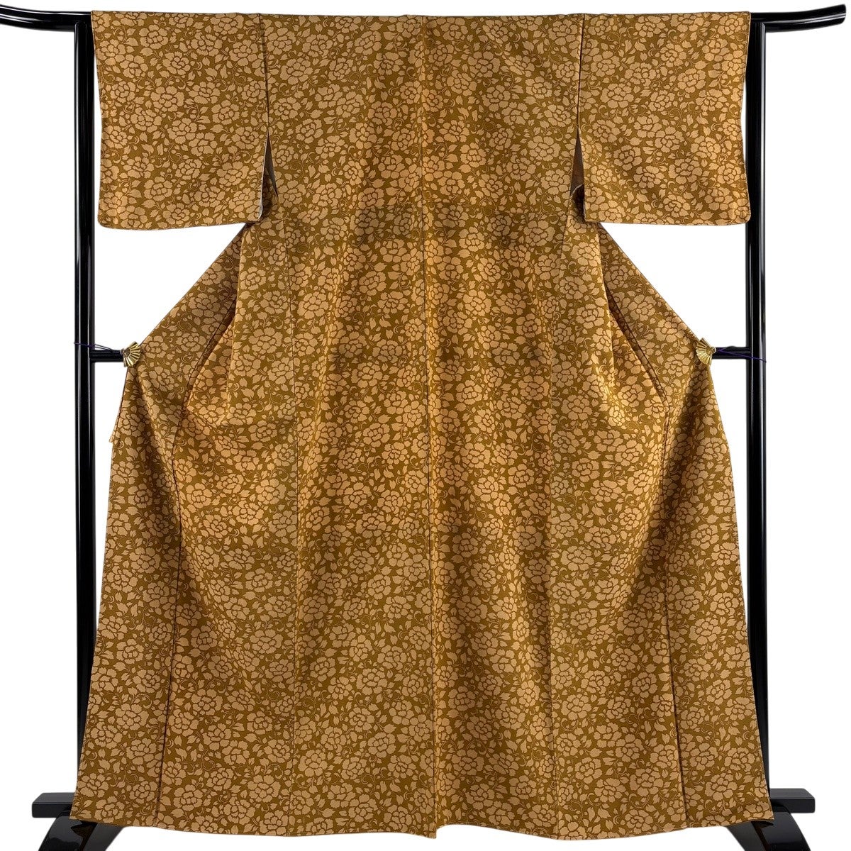 小紋 身丈162.5cm 裄丈64cm M 袷 花唐草 縮緬 山吹色 正絹 秀品｜中古