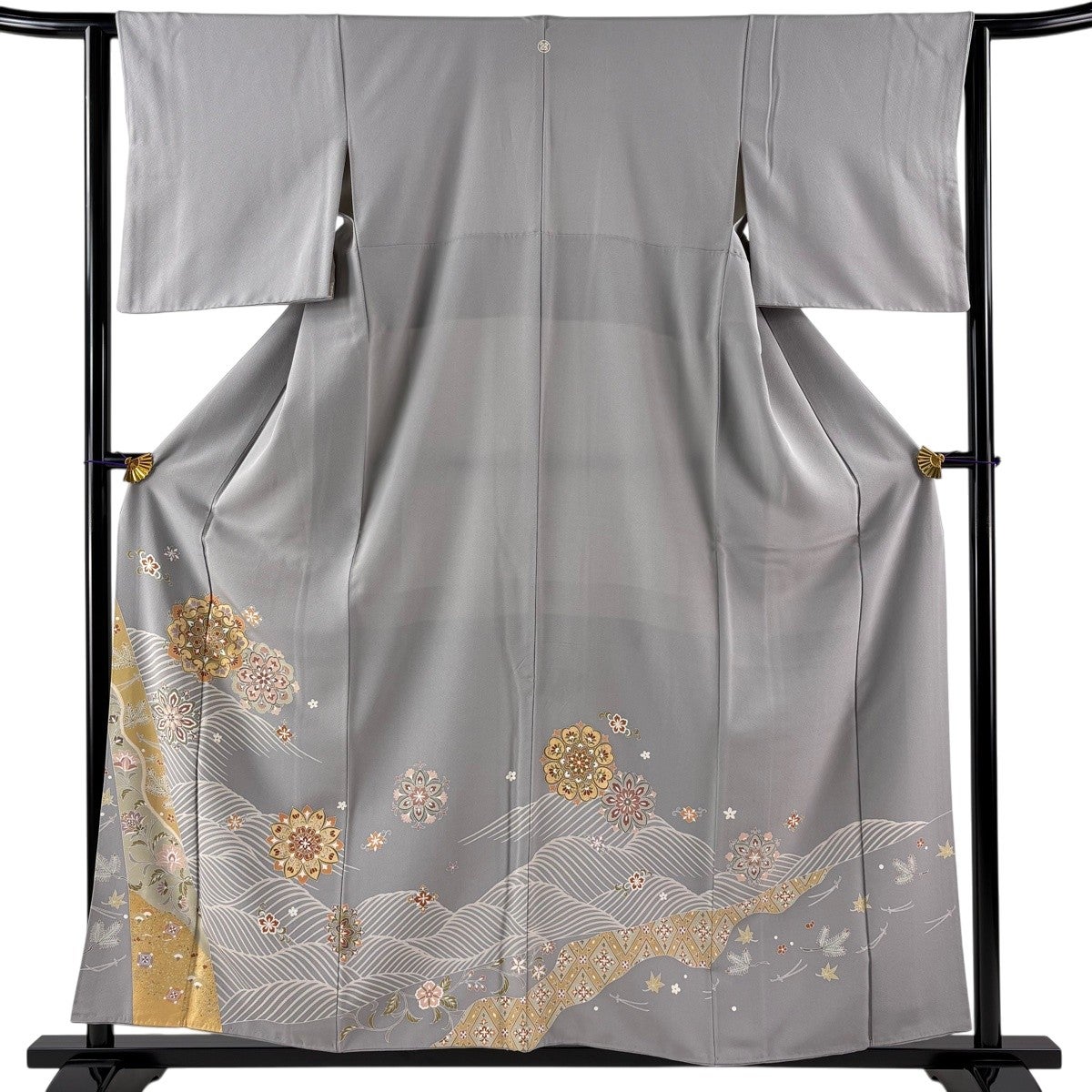 色留袖 身丈157.5cm 裄丈62.5cm S 袷 華文 波 金彩 灰色 正絹 秀品 一