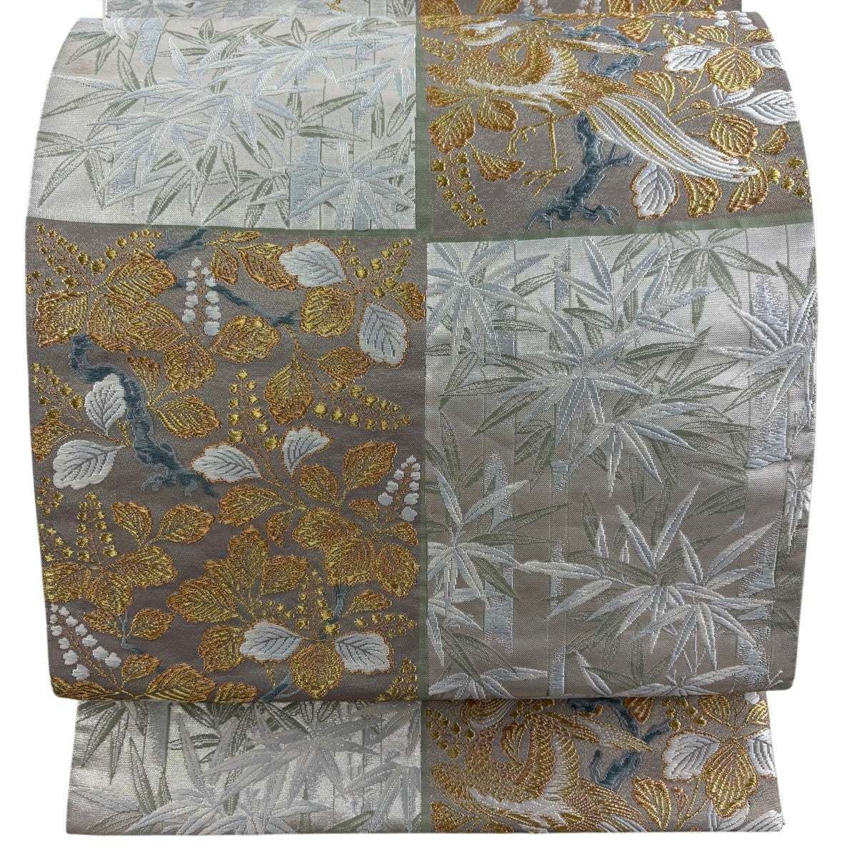 美品】 袋帯 秀品 鈴乃屋 花鳥 竹 金糸 箔 灰色 六通 正絹｜中古・古着