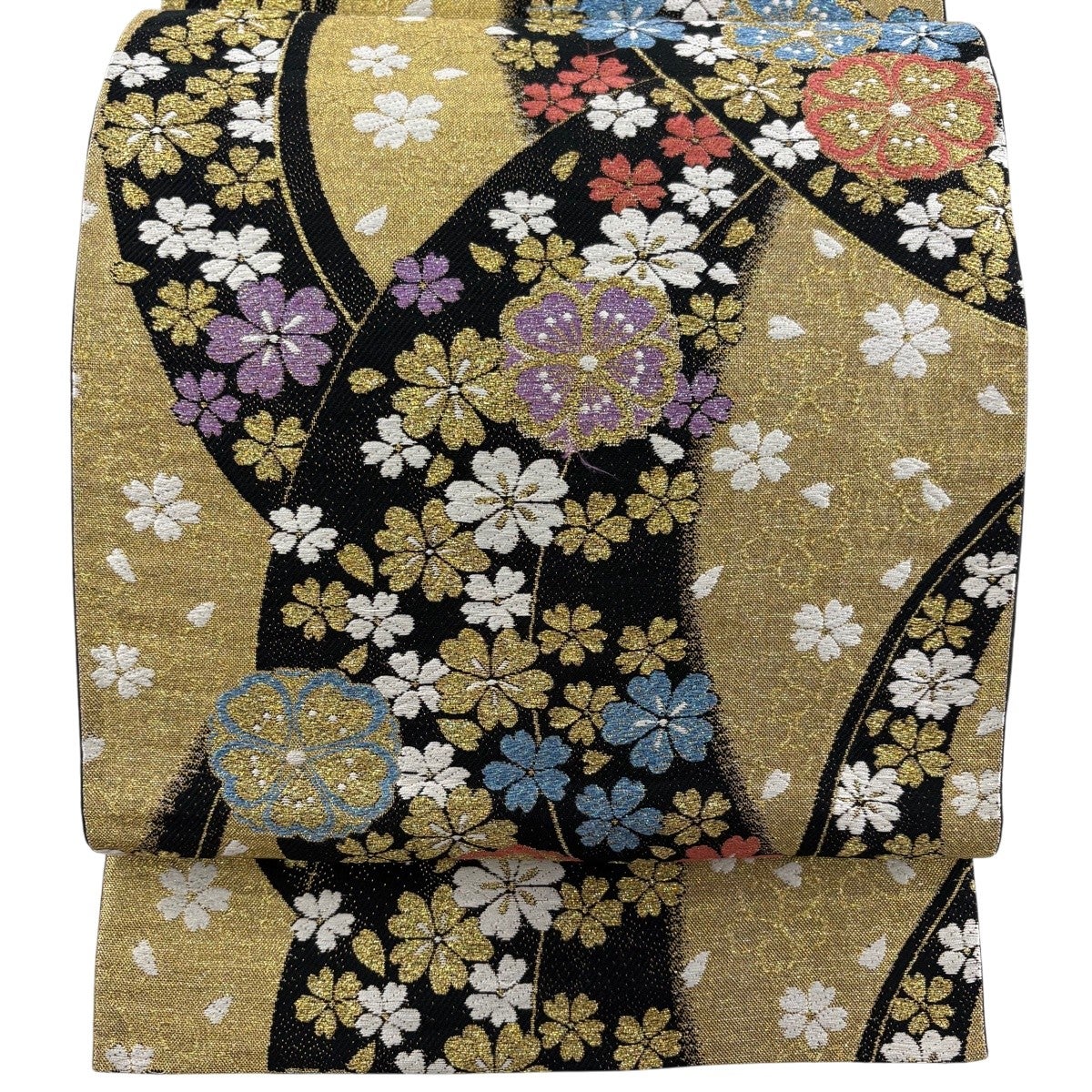 黒に金の波　桜の花　☆だらり帯☆作り帯 袋帯 秀品 桜 波頭 金糸 唐織 黒 六通 正絹｜中古・古着・リサイクル