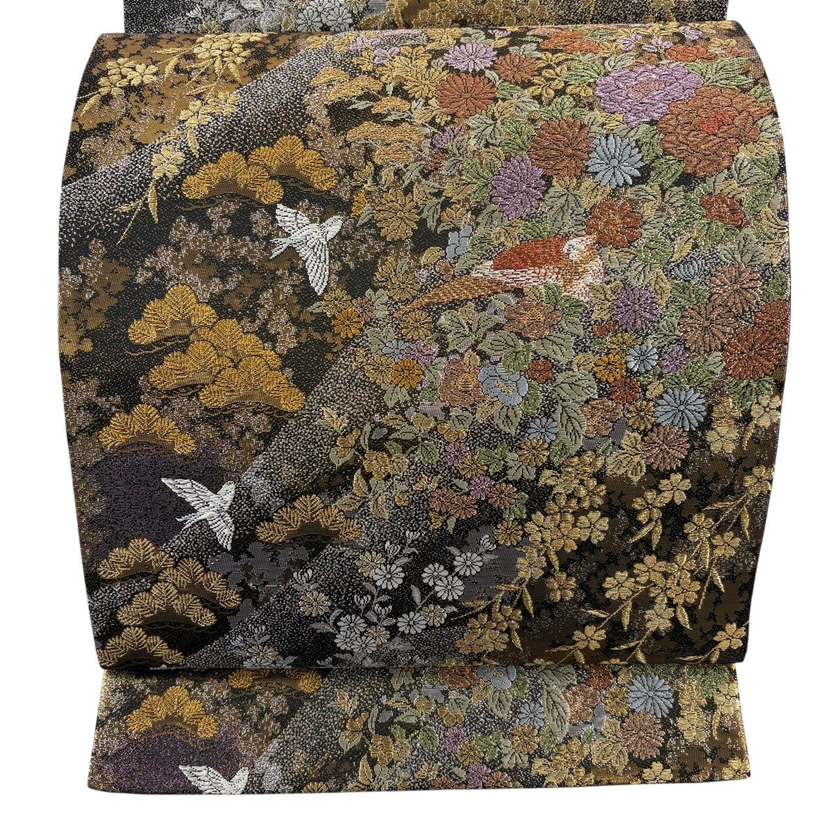 美品】 袋帯 秀品 草花 鳥 箔 金銀糸 薄緑 六通 正絹｜中古・古着