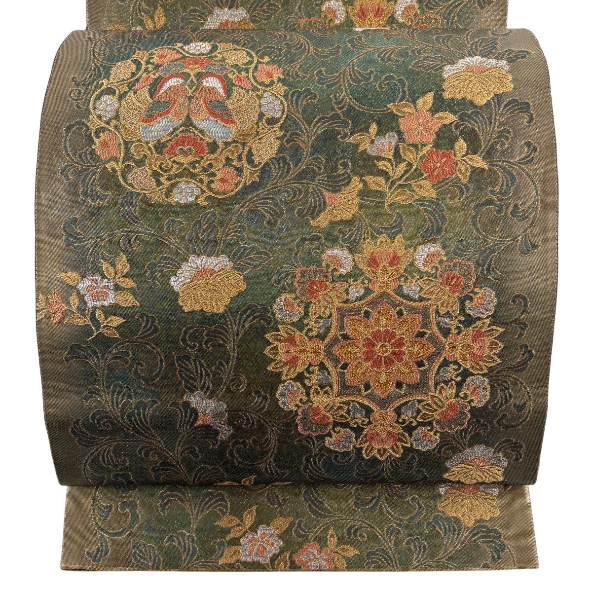 最終価格】 77%OFF 【美品】 袋帯 秀品 彩鳥更紗華文 金銀糸 箔 茶緑色