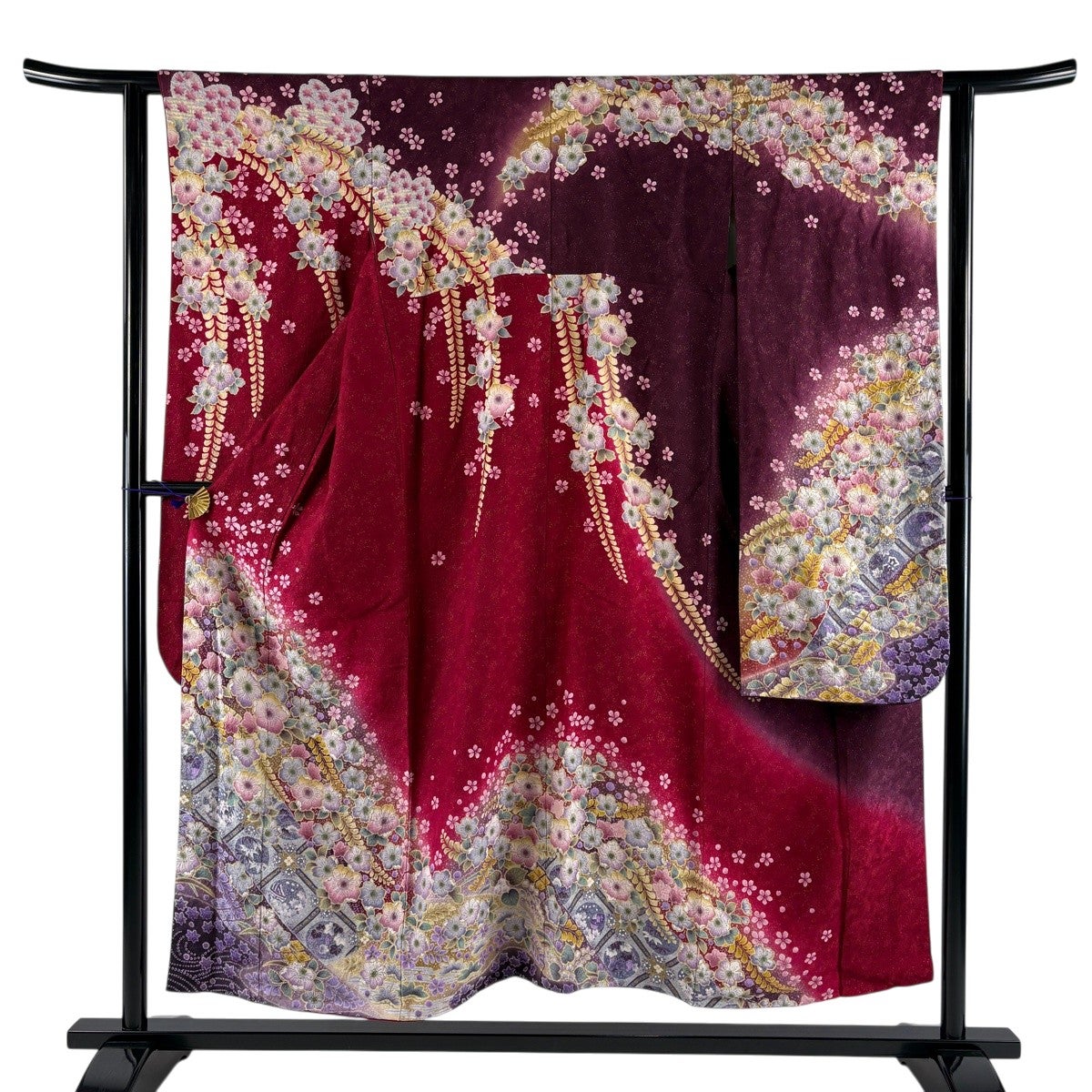 正絹絞り振袖 赤紫花柄　身丈155cm 振袖 身丈161cm 裄丈66.5cm M 袷 辻ヶ花柄 霞 銀通し 金彩 赤黒 正絹
