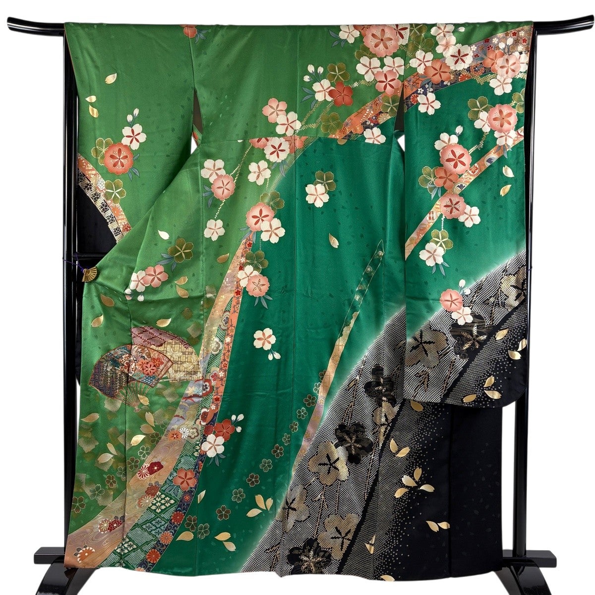 美品】 振袖 身丈155cm 裄丈64cm M 袷 御所車 桜 金糸 金銀彩 紺色