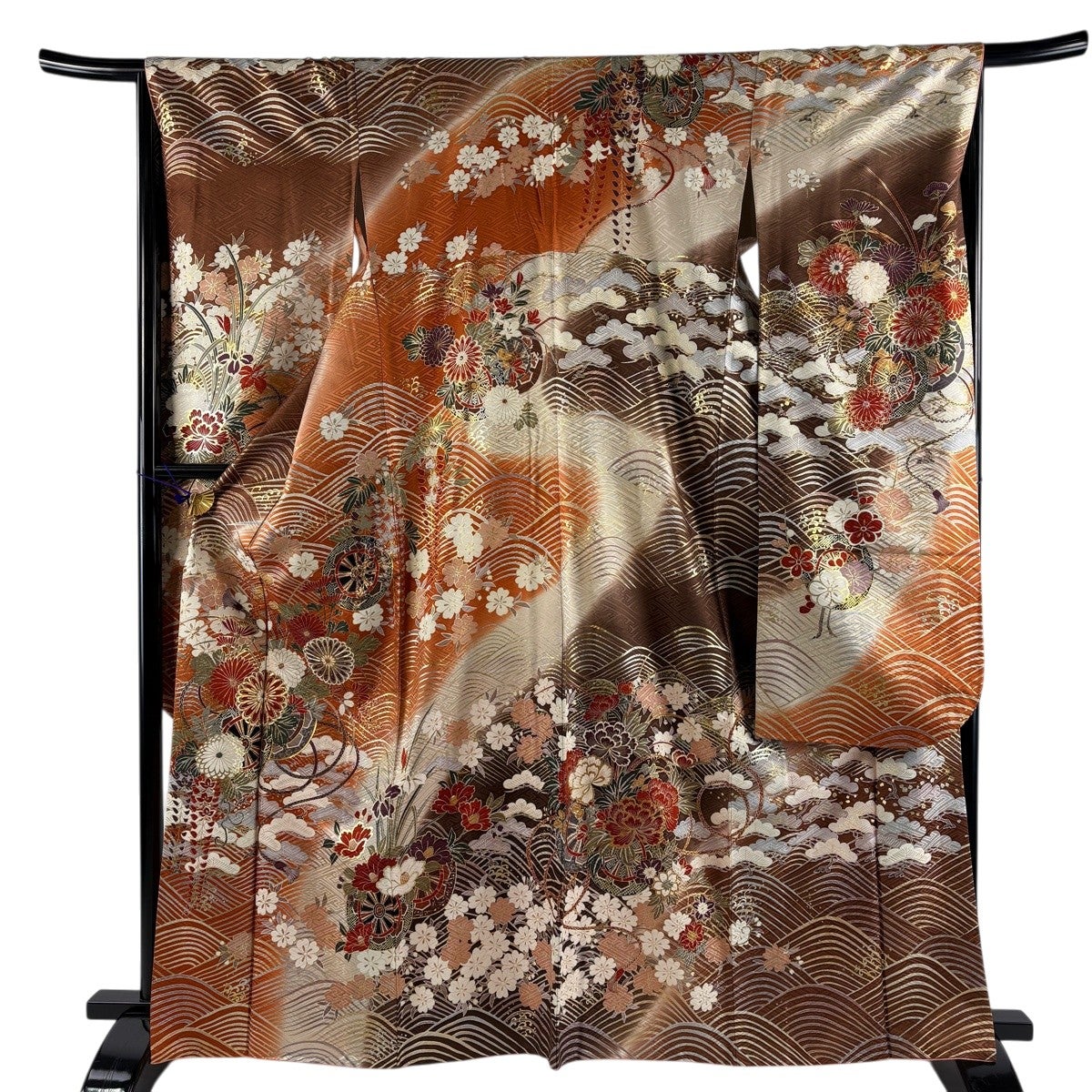 振袖 身丈164cm 裄丈66cm M 袷 花車 波 金糸 金銀彩 茶色 正絹 名品