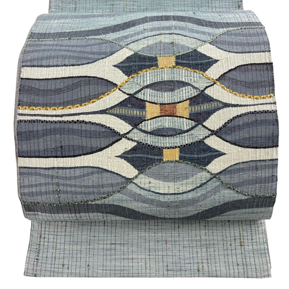 袋帯 名品 幾何学模様 刺繍 水色 お太鼓柄 正絹｜中古・古着