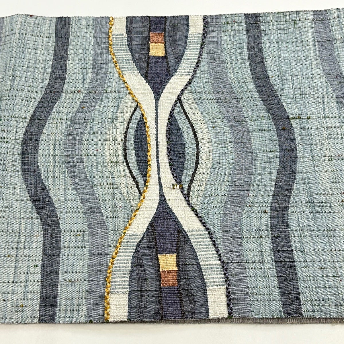 袋帯 名品 幾何学模様 刺繍 水色 お太鼓柄 正絹｜中古・古着