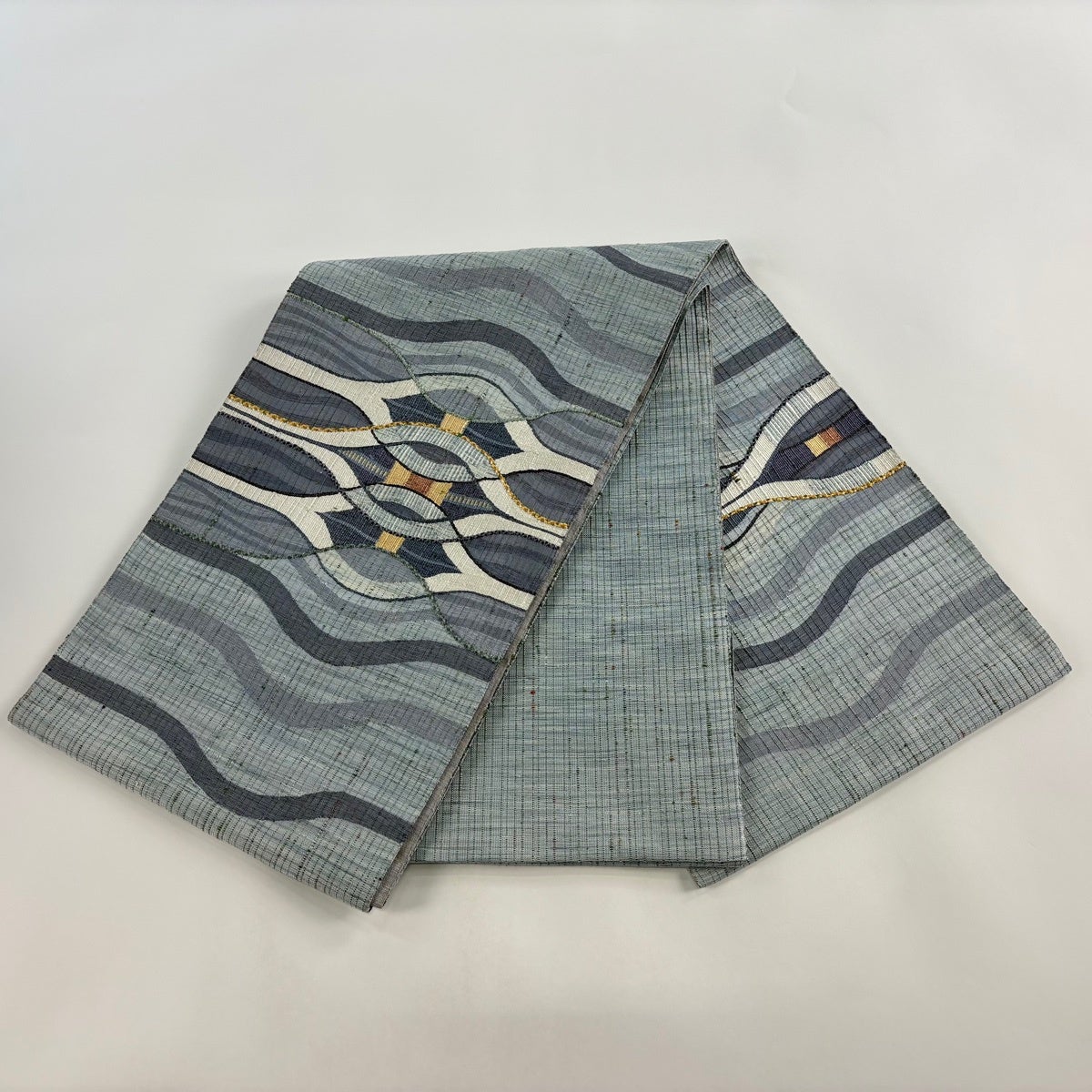 袋帯 名品 幾何学模様 刺繍 水色 お太鼓柄 正絹｜中古・古着