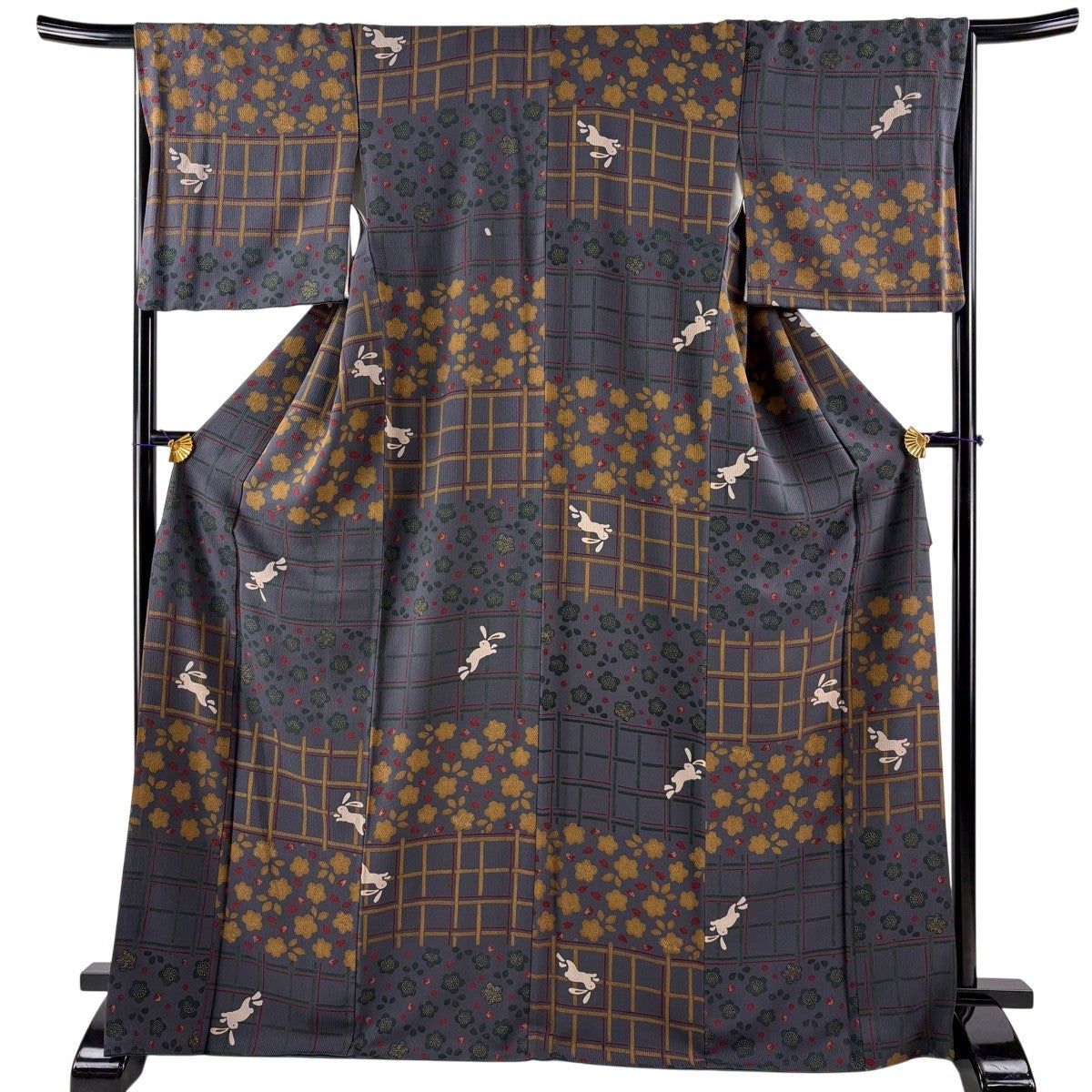 美品】 小紋 身丈169.5cm 裄丈67cm M 袷 うさぎ 桜 金彩 灰紫 正絹 秀