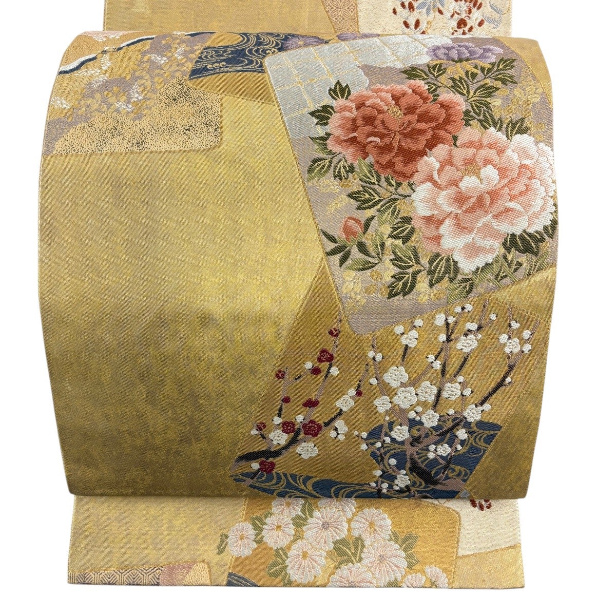 袋帯 秀品 草花 色紙 金銀糸 箔 金色 六通 正絹｜中古・古着