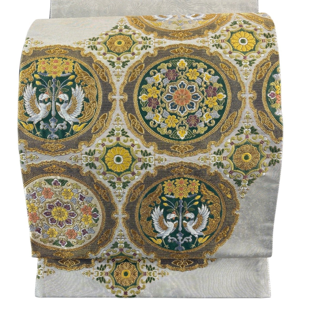 美品】 袋帯 秀品 向鳥 華文 金糸 箔 金色 お太鼓柄 正絹｜中古・古着