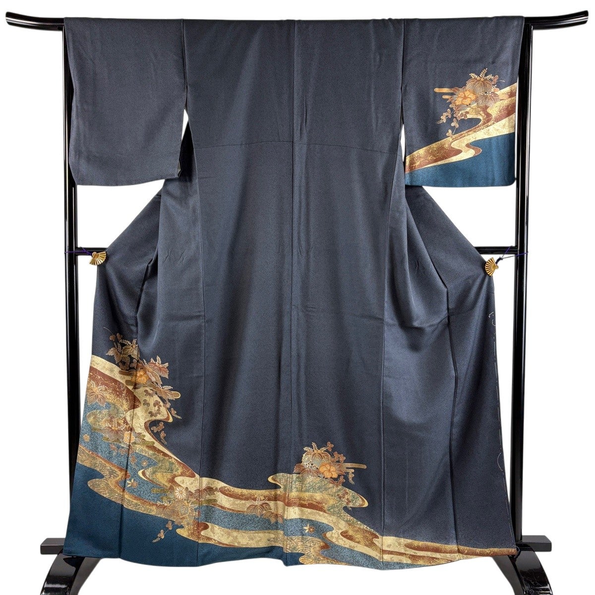 訪問着 身丈161.5cm 裄丈65.5cm M 袷 花筏 流水 金銀彩 紺色 正絹 秀品