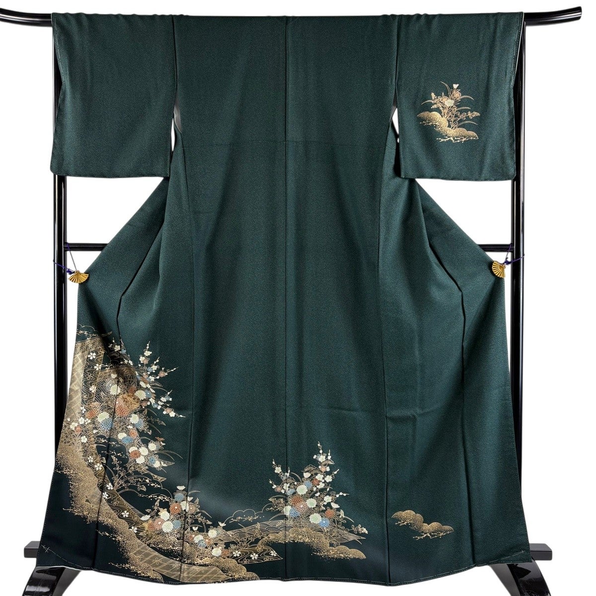 付け下げ　フルセット　着物　正絹　訪問着　深緑　猫　ねずみ　G5 美品】 付下げ 身丈164.5cm 裄丈66.5cm M 袷 文箱 秋草 金彩 ぼかし