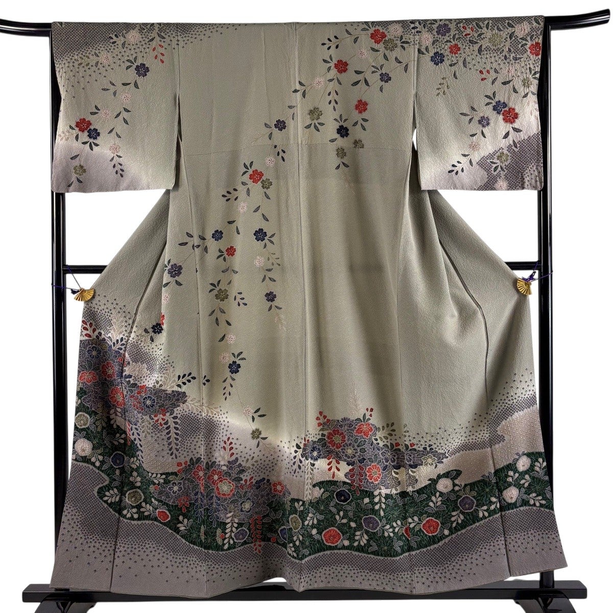 訪問着 身丈156.5cm 裄丈66cm M 袷 草花 霞 金彩 絞り 灰緑 正絹 秀品